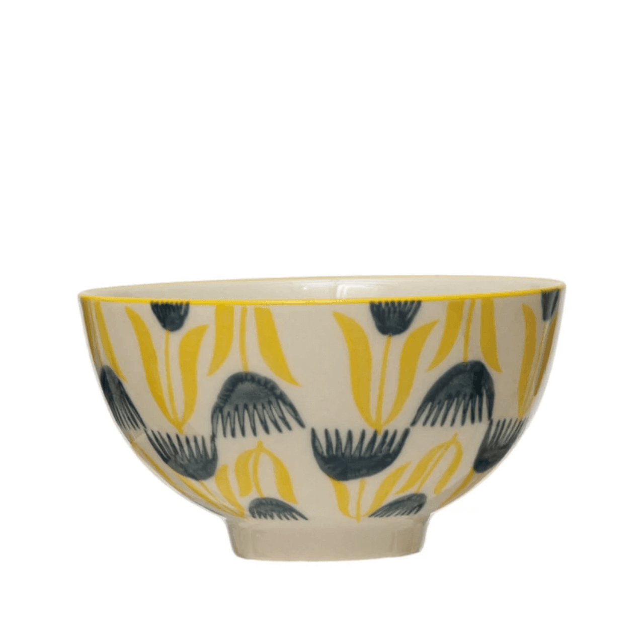 Creative Co Op Hand Stamped Stoneware Bowl Flowers Yellow Navy Blue