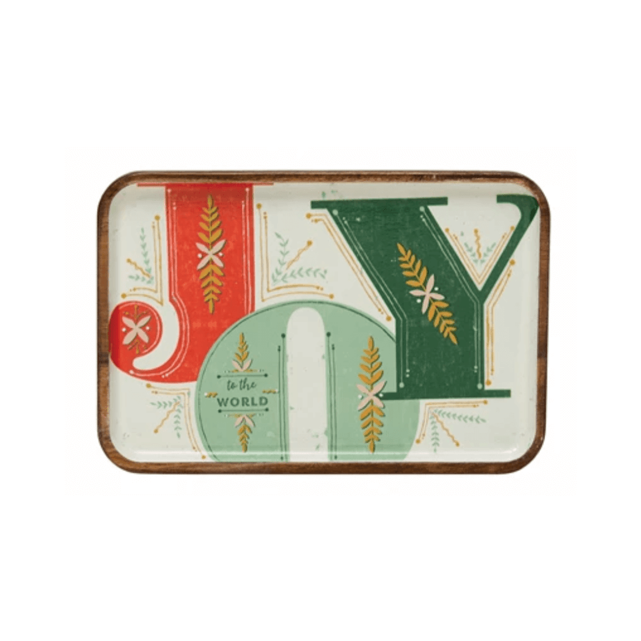 Creative Co-Op Enameled Acacia Wood Tray Christmas Joy To The World