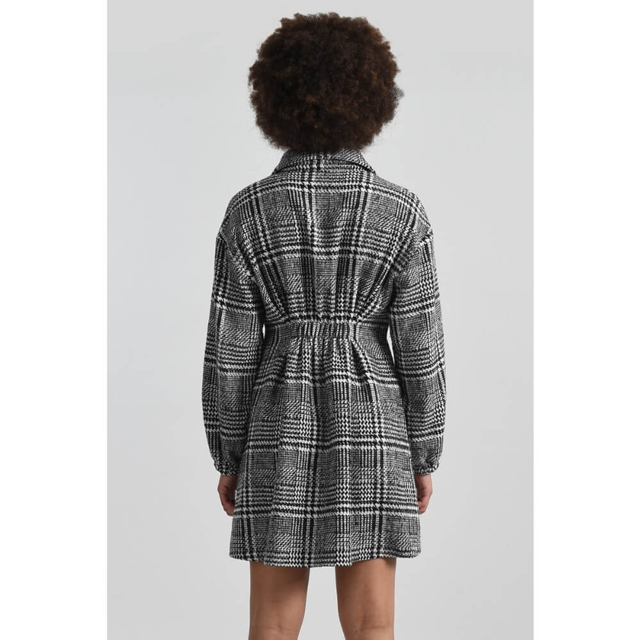 Molly Bracken Lili Sidonio Black and White Houdstooth Plaid Fit and Flare Coat Dress