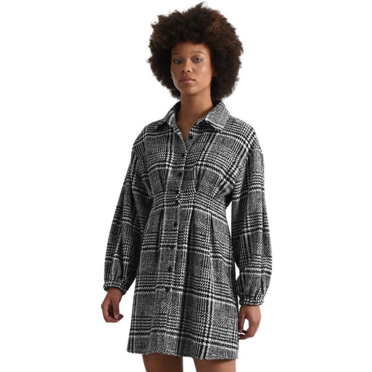 Molly Bracken Lili Sidonio Black and White Houdstooth Plaid Fit and Flare Coat Dress