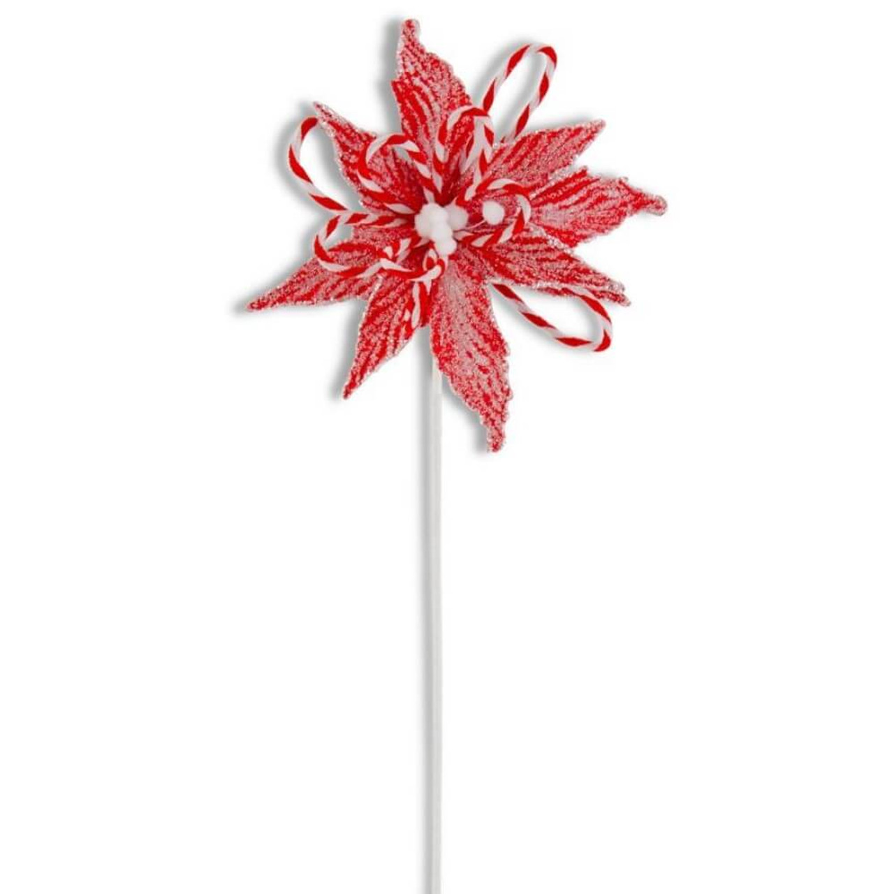 K & K Interiors Snowy Glittered Red Poinsettia with Striped Accents