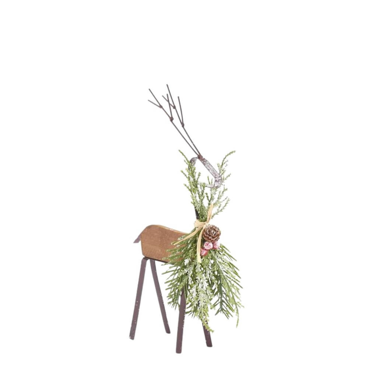 K & K Interiors Glittered Wood & Brown Metal Deer with Pine Berries Pinecone