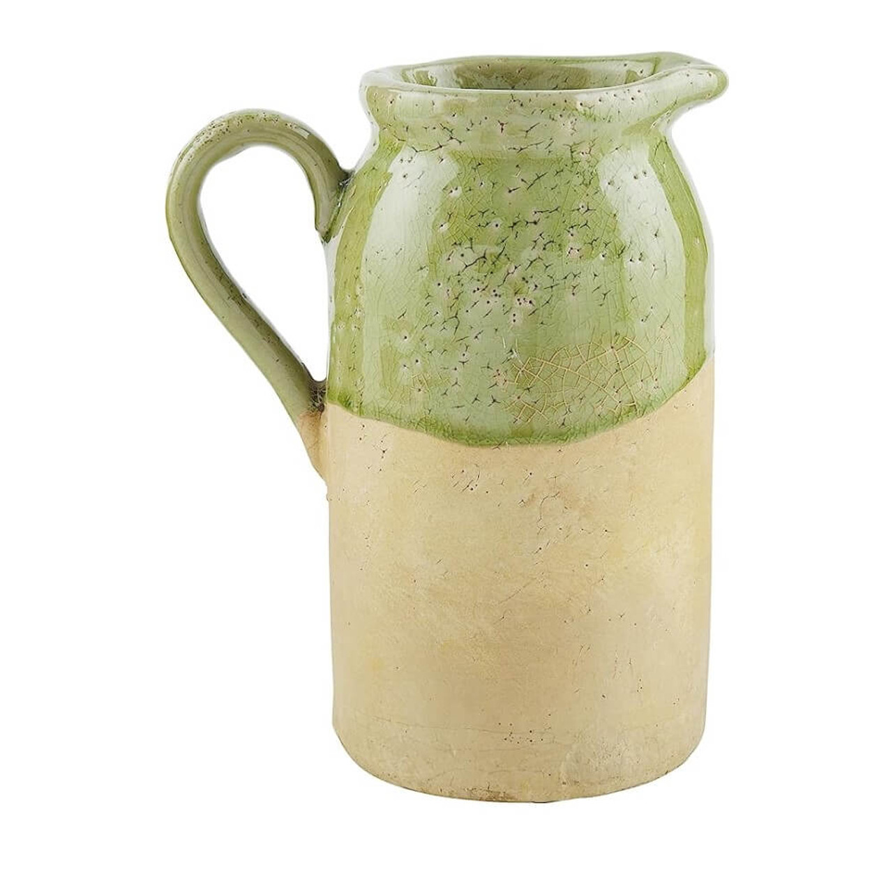 Mud Pie Single Handle Green Crackle Glaze Terracotta Pitcher Vase