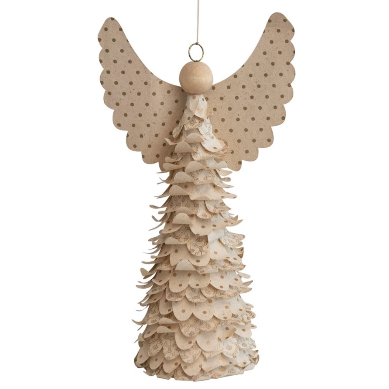 Handmade Recycled Paper Angel w/ Dots in Kraft Box, Cream & Gold Color 13.5 inch
