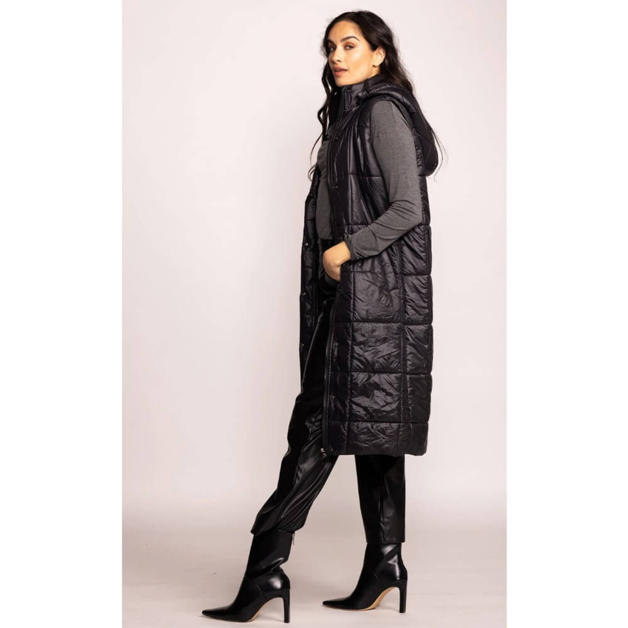 Pink Martini Larisa Long Hooded Vest Coat Black