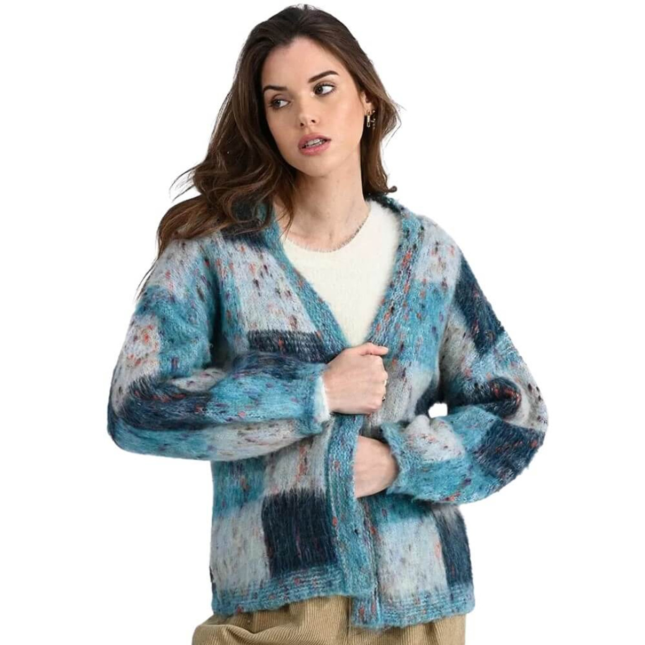 Molly Bracken Open Front Checked Cardigan Ice Blue