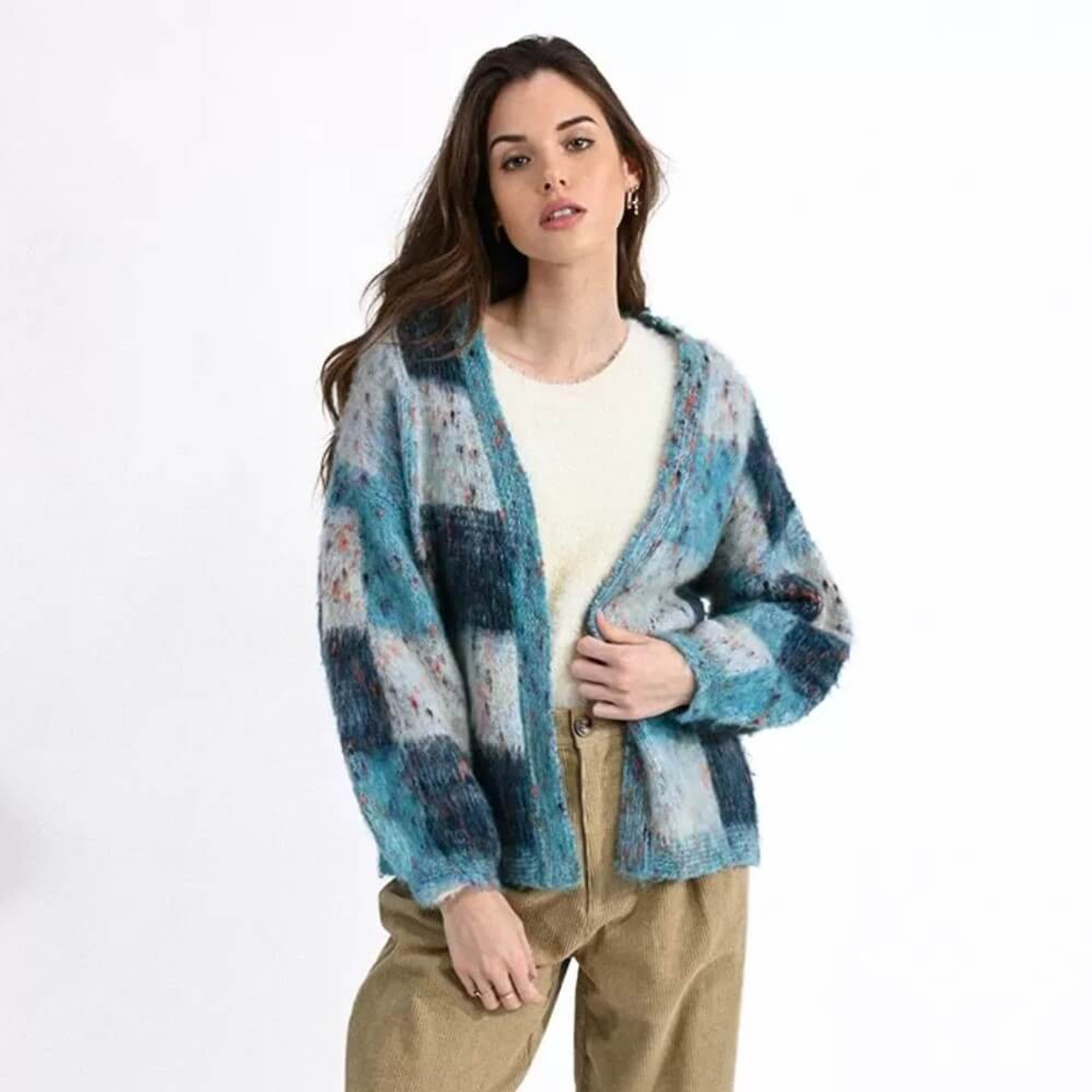 Molly Bracken Open Front Checked Cardigan Ice Blue