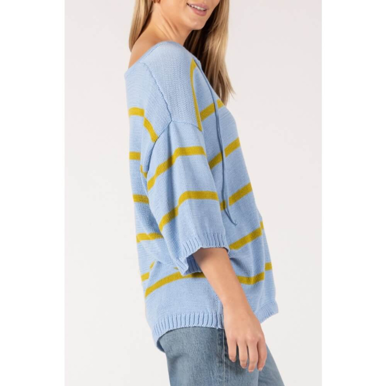 Before You Striped V-Neck 3/4 Sleeve Sweater Blue Green