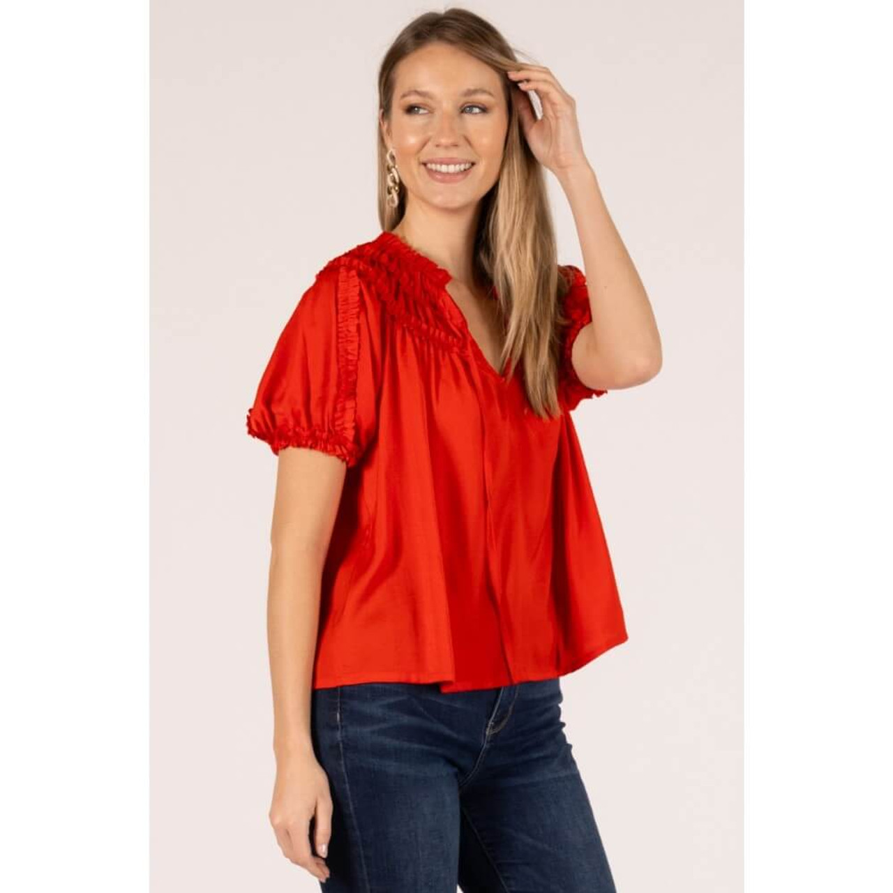 Before You Silky Satin Ruffle Trim Short Sleeve Blouse Red