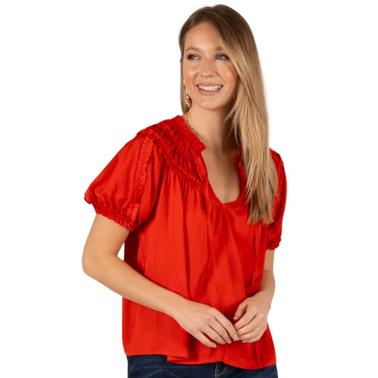 Before You Silky Satin Ruffle Trim Short Sleeve Blouse Red