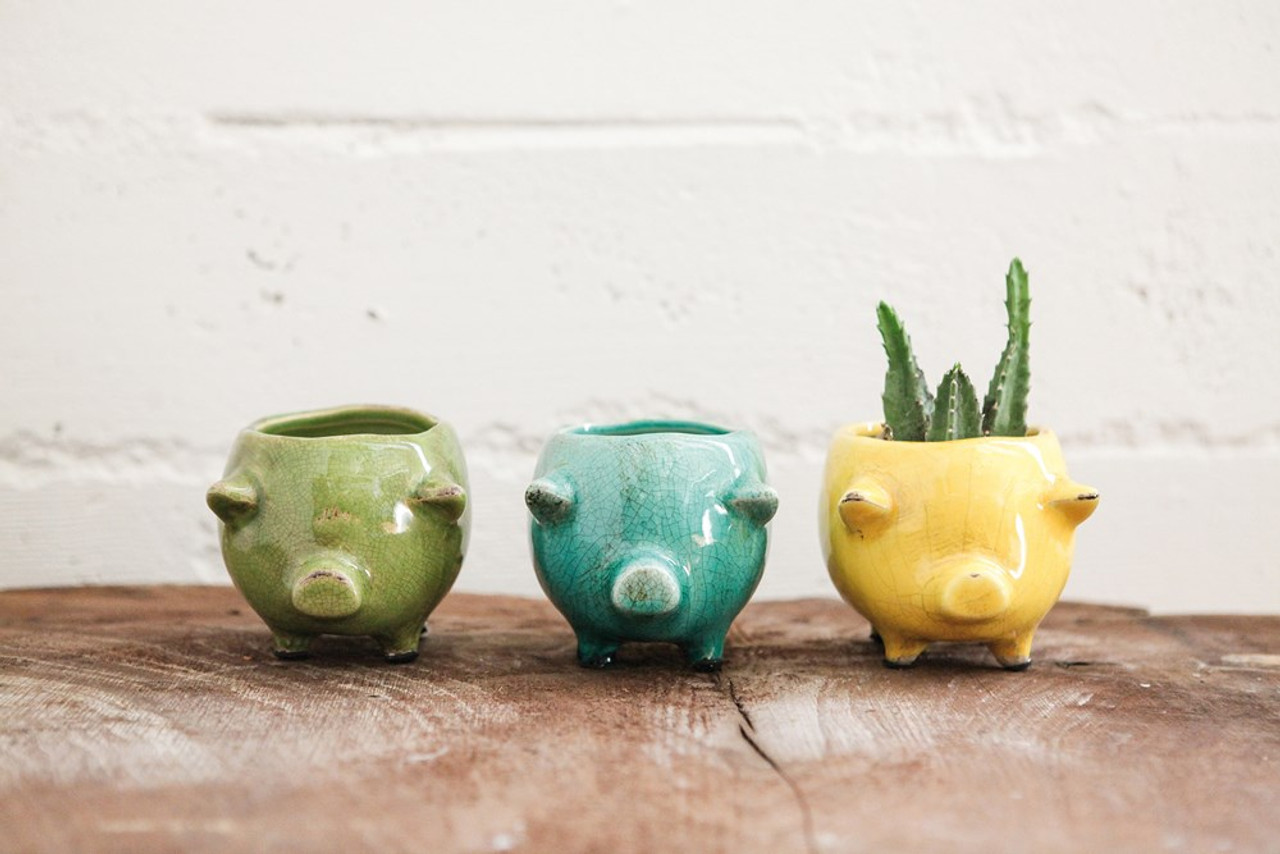 Cute & Colorful Yellow Terracotta Pig Planter.