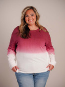 Deep heather rose to cream ombre top. Front, sleeves, and top 2/3 of back are lightweight terry and bottom 1/3 of back is lighweight flowy woven rayon. Slightly wide crew neck, and long sleeves cuffed at wrists