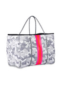 White/grey camo with hot pink and orange stripe.

This neoprene tote is the perfect blend of style and functionality.  

Ultra light weight.

Side panels expand for a phantom shape or snap in for a streamline look.

Fashionable and sturdy rope detail and shoulder straps.

Removable hard bottom liner.

Removable wristlet pouch.

Washable with mild soap.  Hang dry.  Hand wash recommended.

Dimensions- 18" W with side panels expanded (14.4" W with side panels snapped closed) x 12" T x 10" D.

Pouch measures 8.5 inches wide by 6 inches tall.