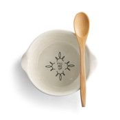 This ceramic appetizer bowl with bamboo spoon is perfect for any cook or baker. The spoon fits into the side notches of the 9 oz. ceramic bowl. There is a "FILL ME UP" sentiment and design painted inside the bowl and a black line and flourish design painted arould the outside with "DIG IN", "BOWL HALF FULL", and "REFILLS PLEASE" sentiments.