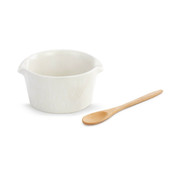 This ceramic appetizer bowl with bamboo spoon is perfect for any cook or baker. The spoon fits into the side notches of the 9 oz. ceramic bowl. There is a "NOURISH" sentiment painted inside the bowl and a white leaf vine design painted arould the outside.