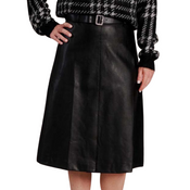 Buttery black faux leather high-waisted pencil skirt. Matching belt at waist with black and soft gold buckle, center seam at front with 9" split, 2 pleats and a center seam at back, 28" long, lined half way down from waist