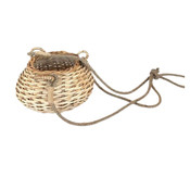 Circular rattan basket hanging from three jute ropes