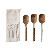 Creative Co-op Set of 3 Mango Wood Spoons with Bamboo Wrapped Handles in Printed Drawstring Bag