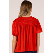 Before You Silky Satin Ruffle Trim Short Sleeve Blouse Red