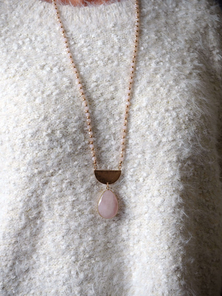 Blush and Gold Beaded Necklace, Gold Half Moon Detail with Blush Stone Pendant, Nickle and lead free. Blush and Gold Beaded Necklace, Gold Half Moon Detail with Blush Stone Pendant, Nickle and lead free.