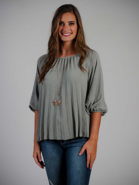 sage green pleated top 3/4 length sleeve sage green pleated top 3/4 length sleeve