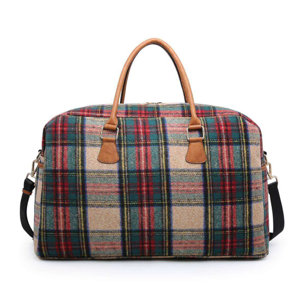 multicolor plaid weekender bag with vegan leather details multicolor plaid weekender bag with vegan leather details