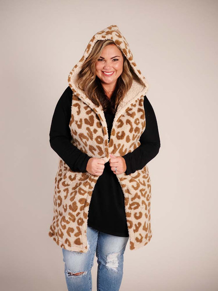 Reversible long vest with leopard print and hood Reversible long vest with leopard print and hood