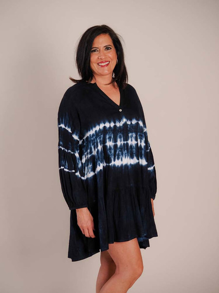Navy v-neck long sleeve tiered baby doll dress with white tie-dye pattern Navy v-neck long sleeve tiered baby doll dress with white tie-dye pattern