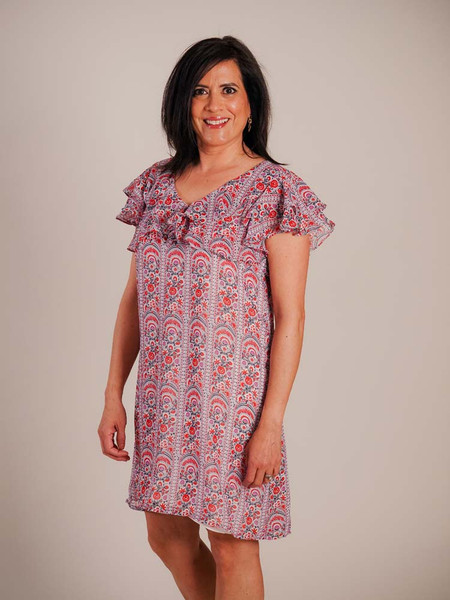 Midi dress with ruffled layers at top and short butterfly sleeves. Red, navy, and purple floral vertical striped design on grey background. Body of dress is fully lined Midi dress with ruffled layers at top and short butterfly sleeves. Red, navy, and purple floral vertical striped design on grey background. Body of dress is fully lined