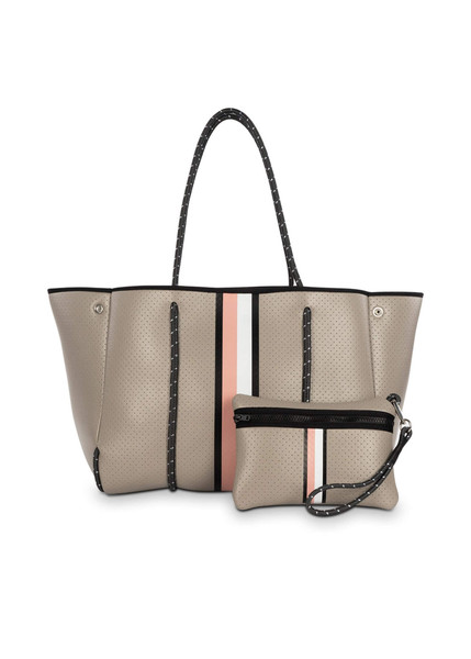 Taupe coated perforated neoprene with black, white & blush stripe.
This neoprene tote is the perfect blend of style and functionality.
Ultra light weight.
Side panels expand for a phantom shape or snap in for a streamline look.
Fashionable and sturdy rope detail and shoulder straps.
Removable hard bottom liner.
Removable wristlet pouch.
Washable with mild soap. Hang dry. Hand wash recommended.
Dimensions: 18" W with side panels expanded (14.4" W with side panels snapped closed) x 12" T x 10" D.a
Pouch measures 8.5 inches wide by 6 inches tall Taupe coated perforated neoprene with black, white & blush stripe.
This neoprene tote is the perfect blend of style and functionality.
Ultra light weight.
Side panels expand for a phantom shape or snap in for a streamline look.
Fashionable and sturdy rope detail and shoulder straps.
Removable hard bottom liner.
Removable wristlet pouch.
Washable with mild soap. Hang dry. Hand wash recommended.
Dimensions: 18" W with side panels expanded (14.4" W with side panels snapped closed) x 12" T x 10" D.a
Pouch measures 8.5 inches wide by 6 inches tall