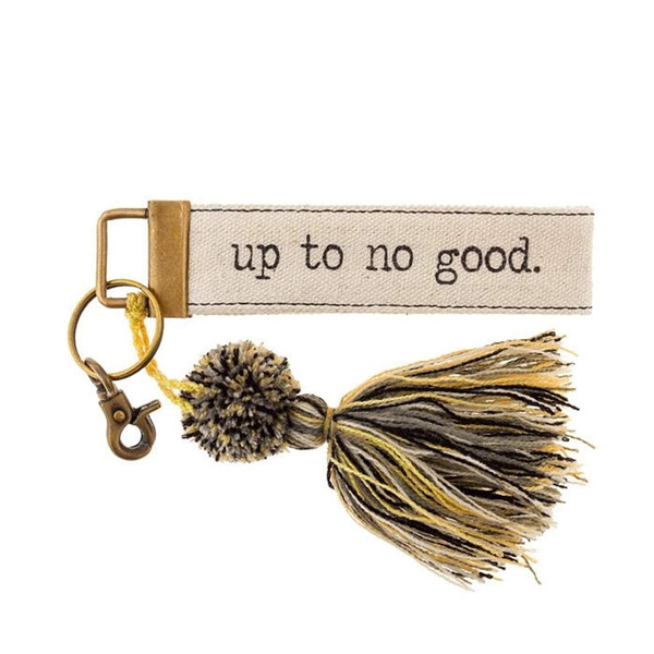 This key chain is beautifully made from 100% cotton canvas with a colorful pom pom thread tassel. Make your keys more noticeable and easier to find with a pop of color and sass- "up to no good"! Canvas tag is approx 5.5" x 1.25" and the pom pom tassel is approx 3.5" x 1.25" This key chain is beautifully made from 100% cotton canvas with a colorful pom pom thread tassel. Make your keys more noticeable and easier to find with a pop of color and sass- "up to no good"! Canvas tag is approx 5.5" x 1.25" and the pom pom tassel is approx 3.5" x 1.25"