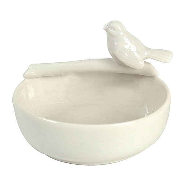 Stone/white ceramic bowl with bird perching on a branch. Bowl is 4.25" round, 1.5" high (3" high including the bird). Stone/white ceramic bowl with bird perching on a branch. Bowl is 4.25" round, 1.5" high (3" high including the bird).