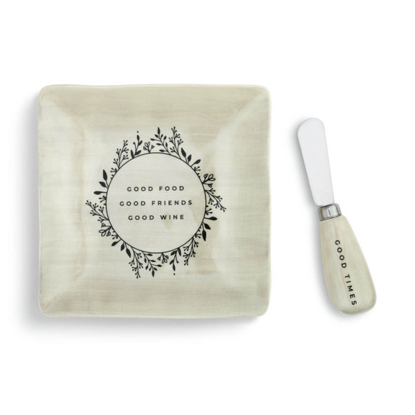harmonious combination of function and beauty for hosting and parties, the Good Food Plate with Spreader Set is a glazed stoneware appetizer plate and stainless steel spreader with ceramic handle. Plate bears "Good Food, Good Friends, Good Wine" sentiment circled by a leaf and berry design in black, and the spreader handle has a "Good Times" sentiment. harmonious combination of function and beauty for hosting and parties, the Good Food Plate with Spreader Set is a glazed stoneware appetizer plate and stainless steel spreader with ceramic handle. Plate bears "Good Food, Good Friends, Good Wine" sentiment circled by a leaf and berry design in black, and the spreader handle has a "Good Times" sentiment.