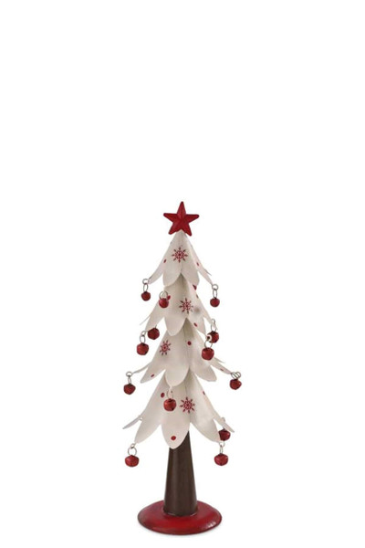 Add vintage holiday charm to any decor. This painted metal tree is decked with snowflakes and has red bells hanging from it's boughs. 3.75" W x 10.25" H. Add vintage holiday charm to any decor. This painted metal tree is decked with snowflakes and has red bells hanging from it's boughs. 3.75" W x 10.25" H.