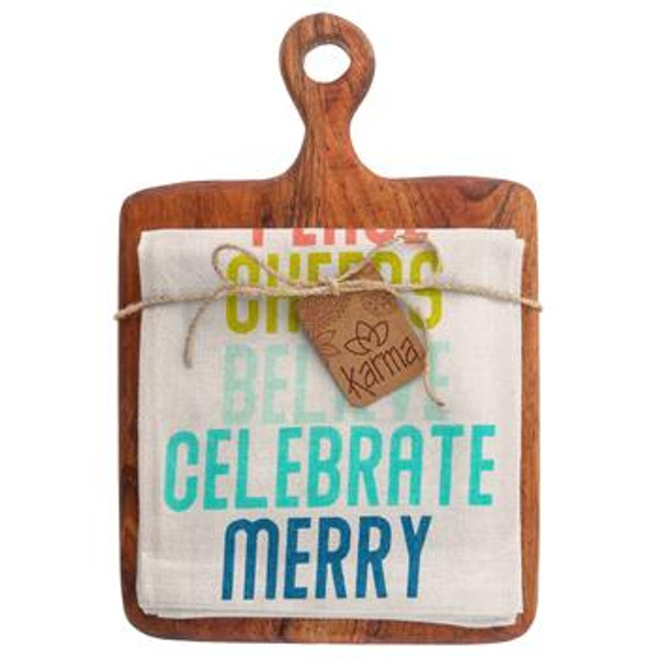 Karma Teak Cutting Board and Tea Towel Joy Peace Cheers Karma Teak Cutting Board and Tea Towel Joy Peace Cheers
