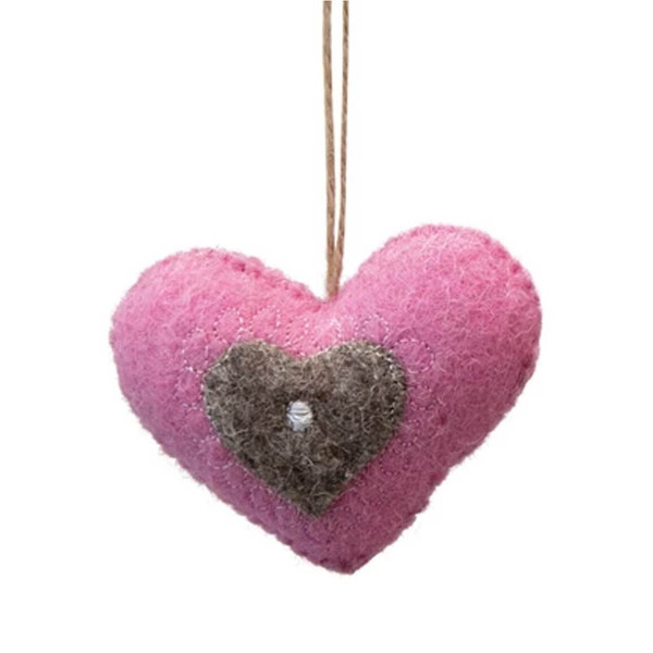 Creative Co-op Wool Felt Heart Ornament with Embroidery Pink Gray Creative Co-op Wool Felt Heart Ornament with Embroidery Pink Gray