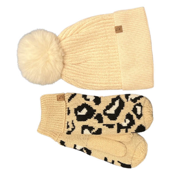 Do Everything In Love Chenille Hat Faux Fur Pom with Sweater Knit Leopard Mittens Cream Do Everything In Love Chenille Hat Faux Fur Pom with Sweater Knit Leopard Mittens Cream