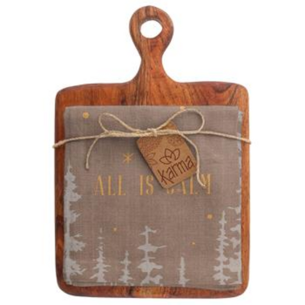 Karma Teak Cutting Board and Tea Towel All Is Calm Karma Teak Cutting Board and Tea Towel All Is Calm