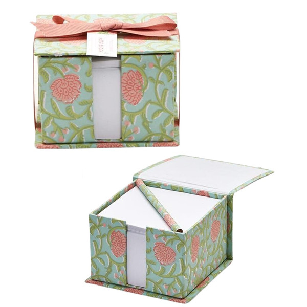 Two's Company Floral Block Pring Note Paper Caddy with Pencil Green Blue Two's Company Floral Block Pring Note Paper Caddy with Pencil Green Blue
