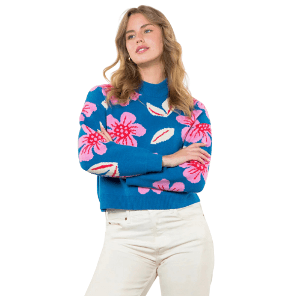 THML Flower Knit Sweater Blue Pink Red White THML Flower Knit Sweater Blue Pink Red White