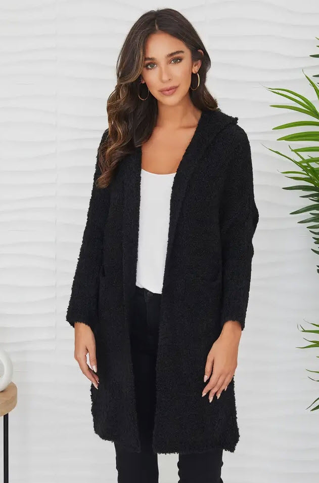 Boucle Knit Long Cardigan - Black - Galena River Goods