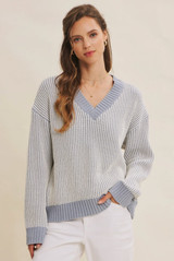 Two Tone Chenille Ribbed V-Neck Sweater w Contrast -Blue Willow