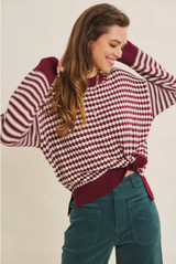 Relaxed Fit Textured Mix Stripe Crewneck Sweater -Burgandy