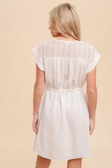 Lace Inset V Neck Cinched Waist Gauze Dress