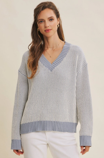 Two Tone Chenille Ribbed V-Neck Sweater w Contrast -Blue Willow