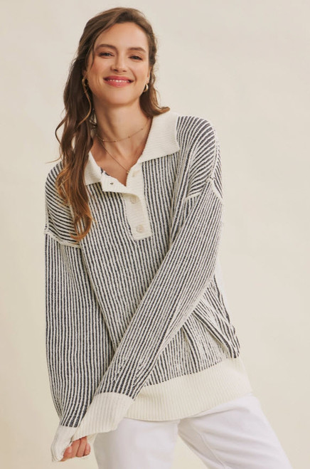 Two-Tone Textured Stripe Henley Sweater -Charcoal