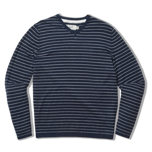 Stripe V Neck Cotton Linen Sweater - Navy Stripe