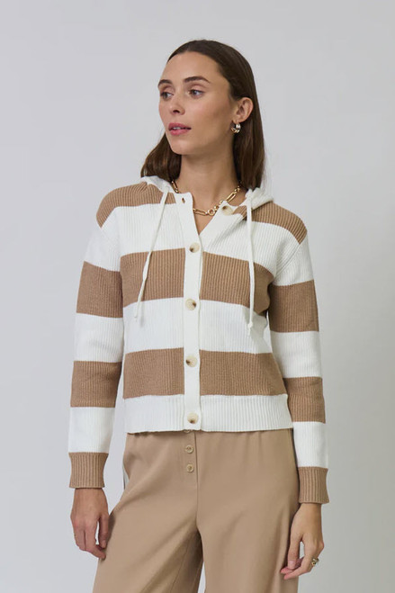 Chloe Hooded Rugby Cardigan Camel/Ivory