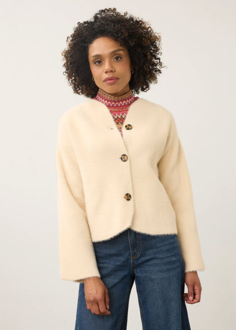 Collarless Knit Jacket - Cream