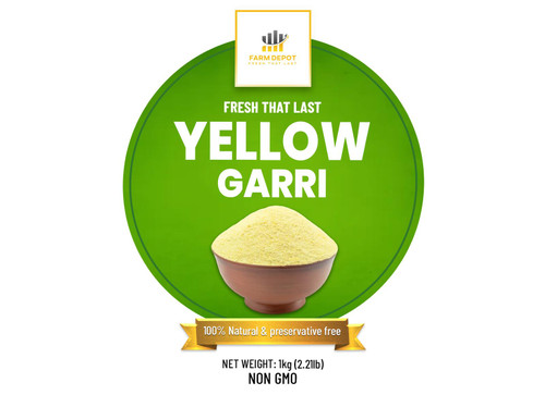 YELLOW GARRI (Palm Oil-Enriched Cassava Granules)

Premium Yellow Garri is made from cassava tubers (Manihot esculenta ) that have been peeled, washed, grated, fermented, dewatered, and roasted with the addition of natural palm oil. This palm oil enrichment gives the garri its distinctive golden-yellow color, slightly different flavor profile, and enhanced nutritional value, particularly in vitamin A content.
The addition of palm oil during roasting not only imparts color but also increases the fat content to 3-5% and adds carotenoids (provitamin A), making yellow garri more nutritious. Yellow garri is versatile: It can be eaten as a snack (garri soakings  with water, sugar, and groundnuts), made into a dough (eba ) served with soups, or prepared as a porridge. It is the preferred choice for those seeking additional nutritional benefits from the palm oil enrichment.

Nutritional Components (Per 100g dry yellow garri)

Energy: 380-400 kcal

Carbohydrates: 85-87g

Dietary Fiber: 9.12±0.23% 

Protein: 1-2g

Fat: 3-5g

Moisture: 12.55±0.57% 

Ash: 1-2g

Vitamin A: Significant
 
Beta-Carotene: Present

Vitamin C: Trace

B Vitamins: Trace

Potassium: Present

Magnesium: Present

Residual Cyanide: <10 mg/kg

Key Benefits: Higher dietary fiber content (9.12%) compared to white garri. Supports digestive health. Significant source of vitamin A from palm oil carotenoids—important for vision and immune function. Lower moisture content (12.55%) gives longer shelf life and better storage stability. Fermentation reduces cyanide to safe levels while improving digestibility. Low to medium glycemic index provides sustained energy release. Gluten-free and grain-free—suitable for celiac disease and grain allergies.

Storage Instructions
Store in airtight containers in a cool, dry place away from direct sunlight
 
Shelf life: 12-24 months when properly stored; can last "well over a year" in optimal conditions.
 
Critical factors: Moisture content and packaging material are most important
 
Packaging: Plastic containers or polythene bags provide best protection against moisture and pests; paper and jute bags less effective
 
Temperature: Room temperature (15-30°C) acceptable; avoid temperature fluctuations
 
Light protection: Critical for yellow garri—light degrades carotenoids (vitamin A compounds) and causes color loss
 
Humidity: Keep below 12% moisture content in product; store in low humidity environment
 
Pest protection: Protect against insects, mites, and mold—primary spoilage agents 
 
Signs of spoilage: Musty odor, visible mold (Aspergillus, Penicillium, Fusarium), clumping, off-colors, or rancid smell from palm oil oxidation
 
Hygienic handling: Essential to prevent microbial contamination during storage
 
Chemical treatment: Sodium benzoate can extend shelf life significantly when combined with hygienic handling